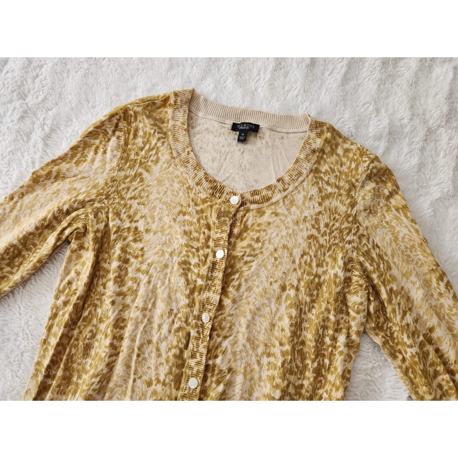 Talbots Womens Medium Cardigan Sweater Gold Mustard Cheetah Animal Print Cotton